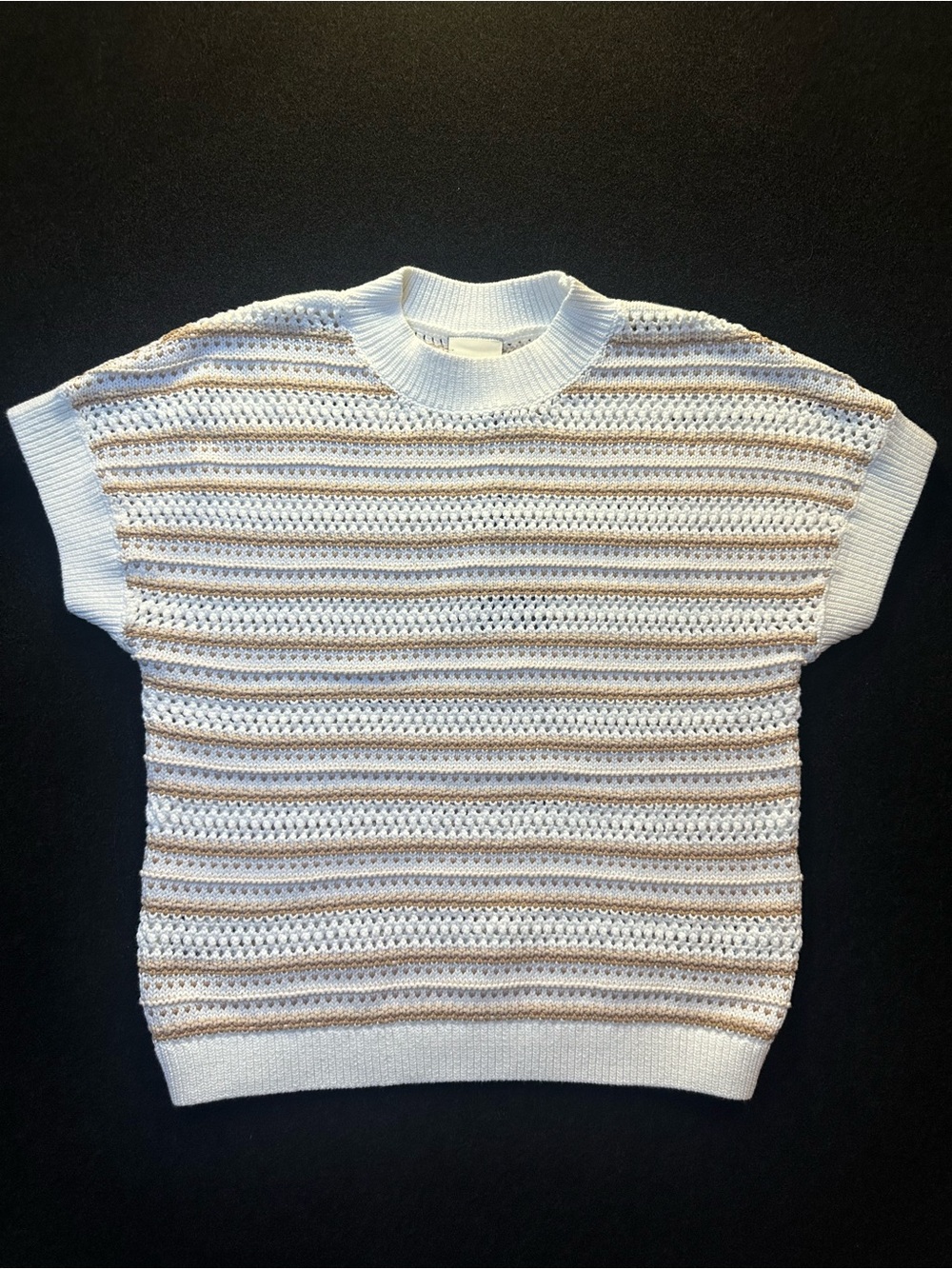 Varley White and Tan Ciara Stripe Knit Short Sleeve Sweater Top